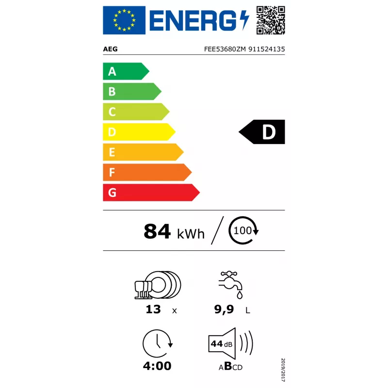 Visiškai įmontuojamas indaplovė AEG FEE53680ZM — 13 komplektų, 60 cm, 44 dB, energijos klasė D