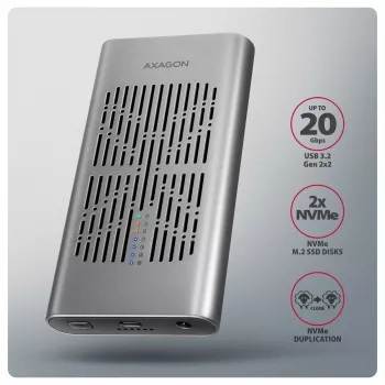 Išorinis korpusas AXAGON EEM2-20GD USB-C 20 Gbps dviems M.2 NVMe SSD su aparatiniu klonavimu