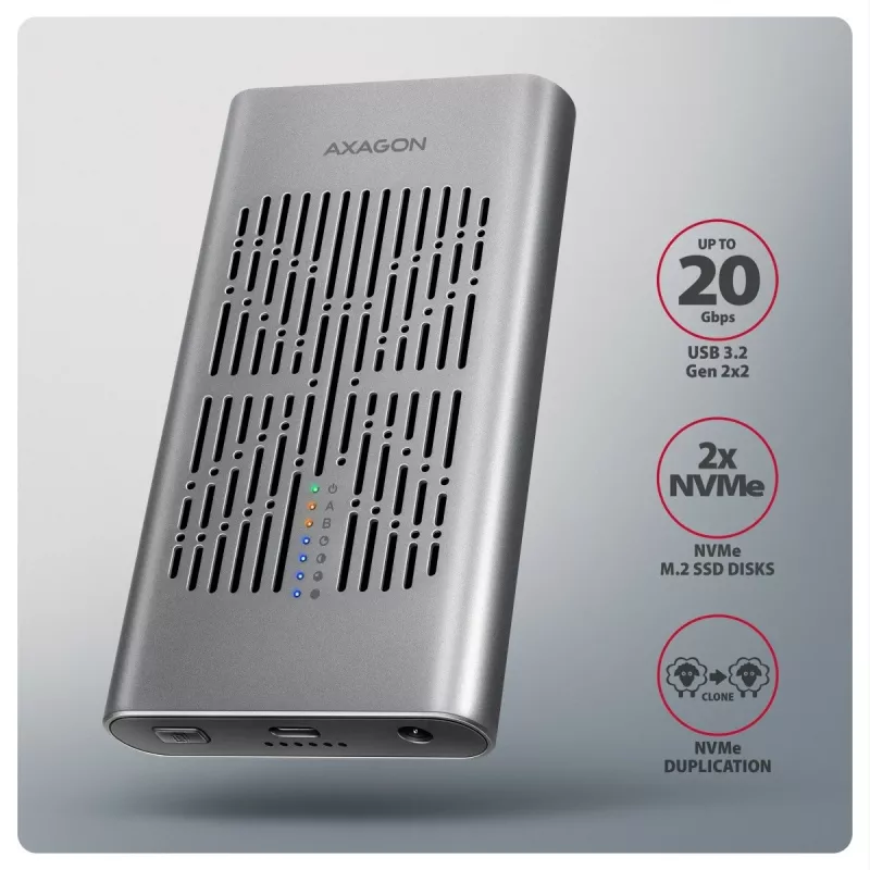 Išorinis korpusas AXAGON EEM2-20GD USB-C 20 Gbps dviems M.2 NVMe SSD su aparatiniu klonavimu