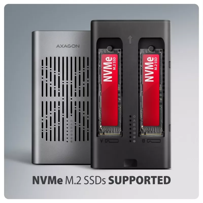 Išorinis korpusas AXAGON EEM2-20GD USB-C 20 Gbps dviems M.2 NVMe SSD su aparatiniu klonavimu