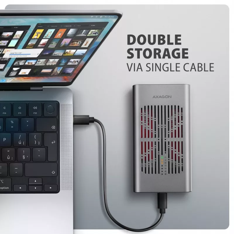 Išorinis korpusas AXAGON EEM2-20GD USB-C 20 Gbps dviems M.2 NVMe SSD su aparatiniu klonavimu