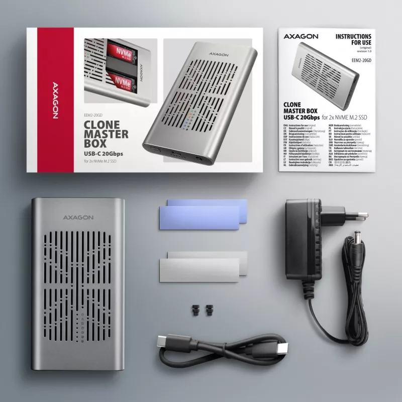 Išorinis korpusas AXAGON EEM2-20GD USB-C 20 Gbps dviems M.2 NVMe SSD su aparatiniu klonavimu