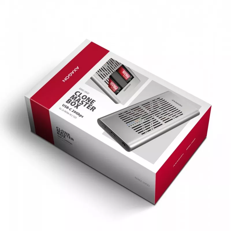 Išorinis korpusas AXAGON EEM2-20GD USB-C 20 Gbps dviems M.2 NVMe SSD su aparatiniu klonavimu