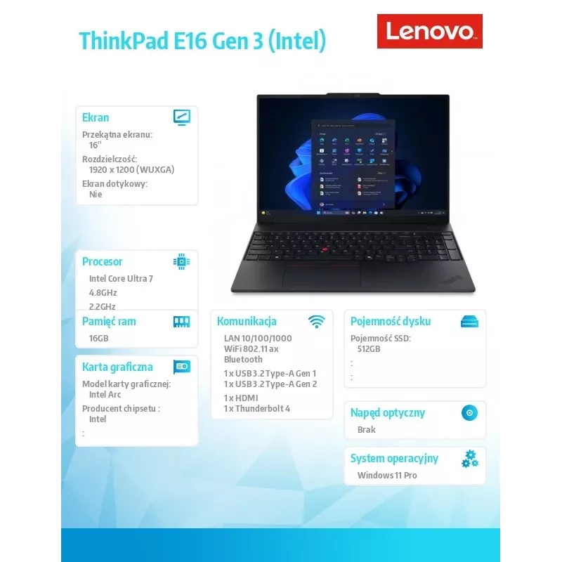 Nešiojamas kompiuteris Lenovo ThinkPad E16 Gen 3, Intel Core Ultra 7 256V, 16GB RAM, 512GB SSD, 16 colių WUXGA, Windows 11 Pro, juodas