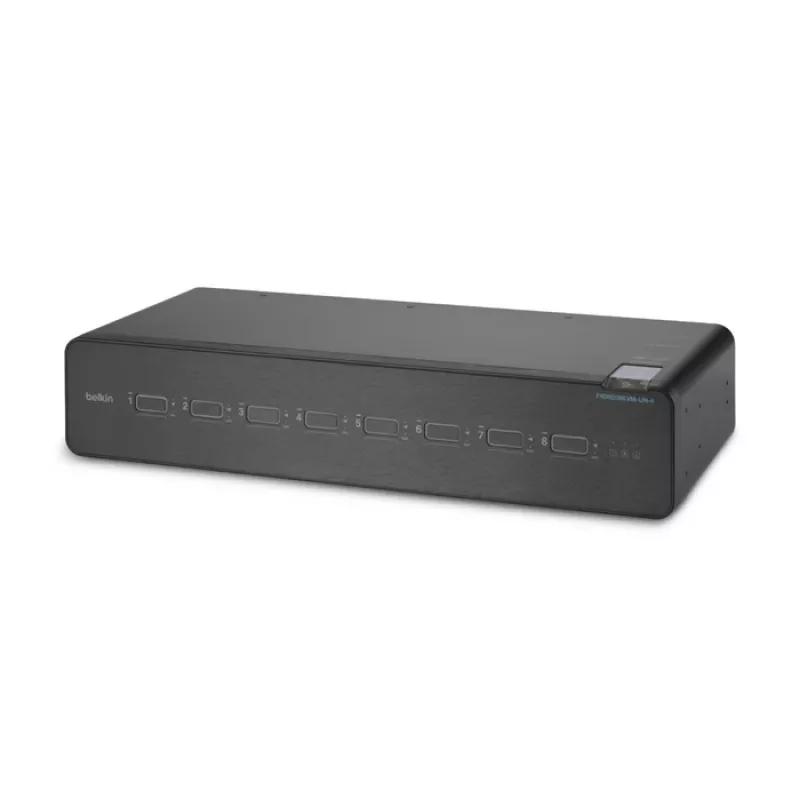 Belkin F1DN208KVM-UN-4 — 8 prievadų dviejų galvučių HDMI/DisplayPort KVM jungiklis, USB klaviatūra ir pelė, 4K@60Hz, montavimui į stelažą, juodas