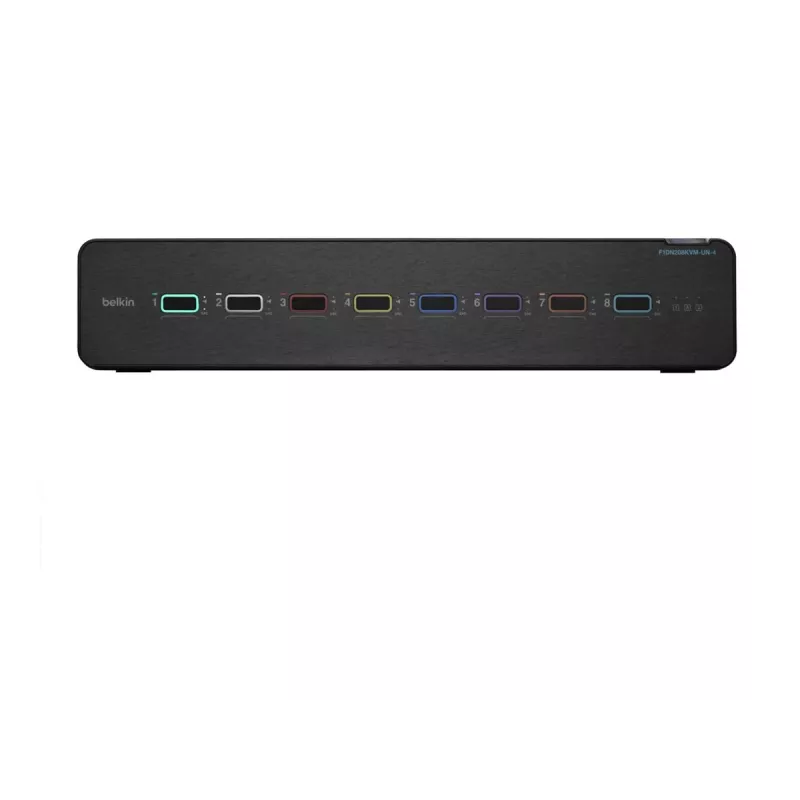 Belkin F1DN208KVM-UN-4 — 8 prievadų dviejų galvučių HDMI/DisplayPort KVM jungiklis, USB klaviatūra ir pelė, 4K@60Hz, montavimui į stelažą, juodas
