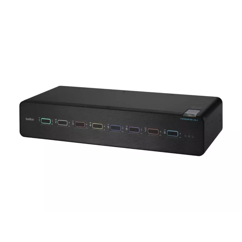 Belkin F1DN208KVM-UN-4 — 8 prievadų dviejų galvučių HDMI/DisplayPort KVM jungiklis, USB klaviatūra ir pelė, 4K@60Hz, montavimui į stelažą, juodas
