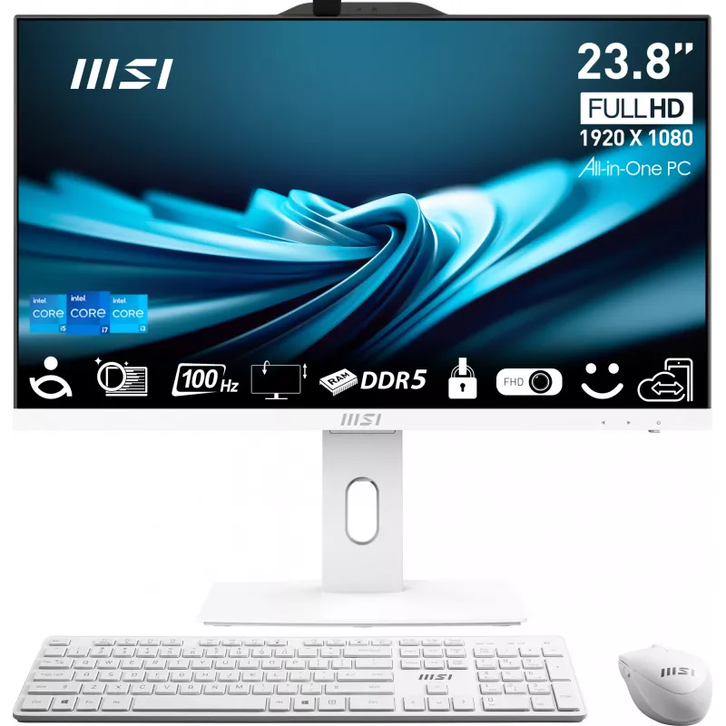Viskas viename kompiuteris MSI Pro AP242P 14M-691EU — 23,8 colio FHD IPS, Intel Core i5-14400, 16 GB DDR5, 512 GB SSD, Windows 11 Pro, Wi‑Fi 6E, Baltas