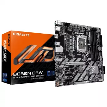 GIGABYTE B860M D3W pagrindinė plokštė – Intel Core Ultra serijos CPU, 4+1+2 fazių VRM, iki 9066MHz DDR5, 2xPCIe 4.0 M.2, 1GbE LAN, USB 3.2 Gen 1