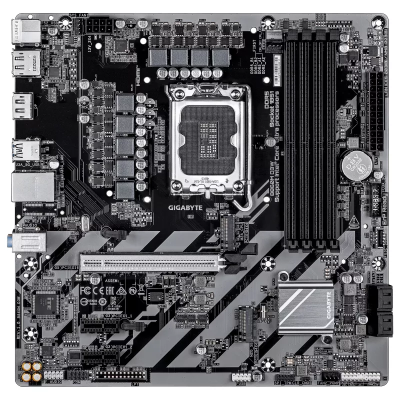 GIGABYTE B860M D3W pagrindinė plokštė – Intel Core Ultra serijos CPU, 4+1+2 fazių VRM, iki 9066MHz DDR5, 2xPCIe 4.0 M.2, 1GbE LAN, USB 3.2 Gen 1