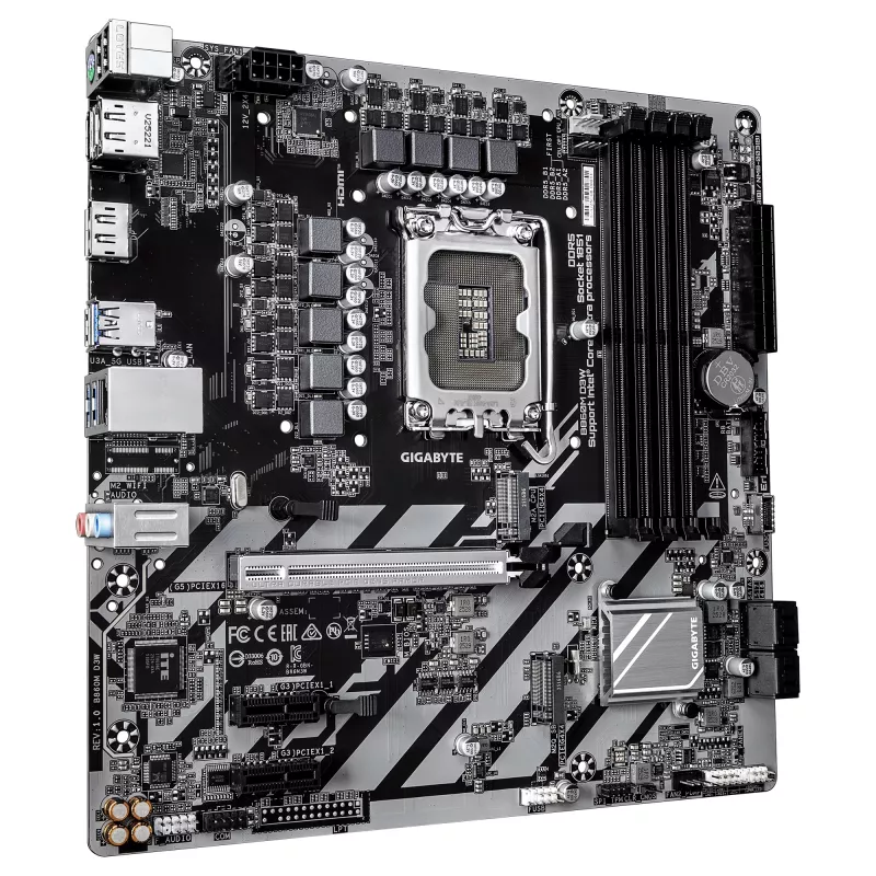 GIGABYTE B860M D3W pagrindinė plokštė – Intel Core Ultra serijos CPU, 4+1+2 fazių VRM, iki 9066MHz DDR5, 2xPCIe 4.0 M.2, 1GbE LAN, USB 3.2 Gen 1
