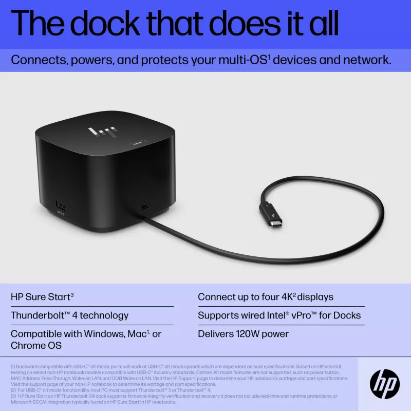 HP Thunderbolt Dock 120W G4, Kensington, Kinija, Tailandas, Taivanas, Verslui, Windows 10, Windows 11, MacOS, 98 mm