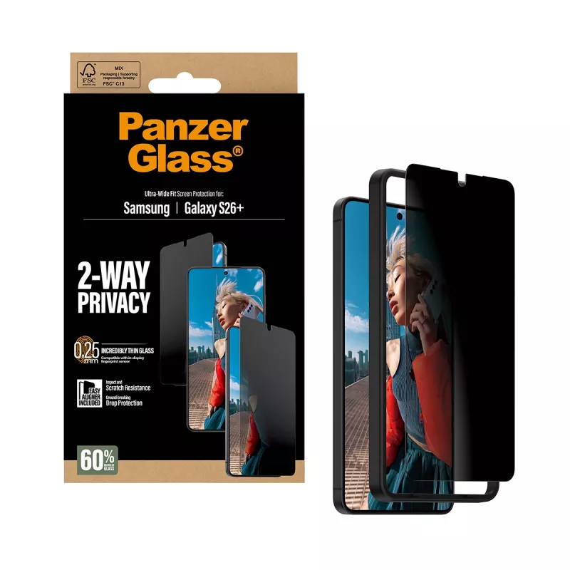 PanzerGlass® 2 krypčių privatumo ekrano apsauga Samsung Galaxy S26+ | Ultra-Wide Fit su EasyAligner