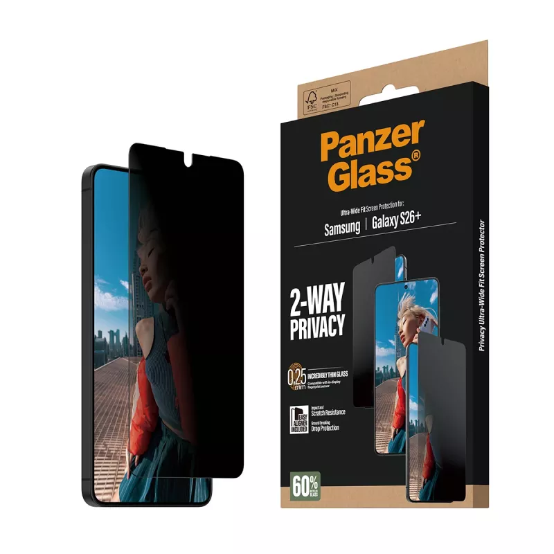 PanzerGlass® 2 krypčių privatumo ekrano apsauga Samsung Galaxy S26+ | Ultra-Wide Fit su EasyAligner