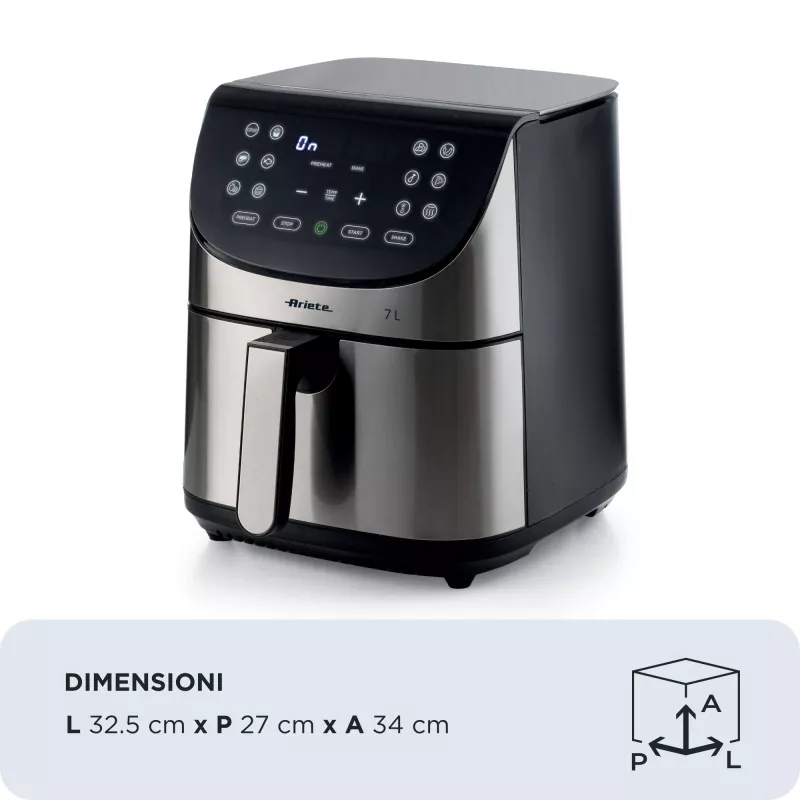 Ariete 4628 Airy Fryer Metal 7L oro gruzdintuvė, 1800 W, 7 L talpa, 2,8 kg kepimo talpa, 12 išankstinių programų, Max Crisp funkcija, temperatūra iki 200°, nelipnus krepšelis su grotelėmis, metalinis korpusas