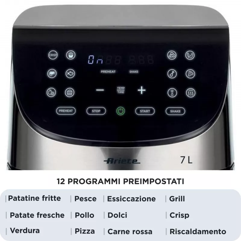 Ariete 4628 Airy Fryer Metal 7L oro gruzdintuvė, 1800 W, 7 L talpa, 2,8 kg kepimo talpa, 12 išankstinių programų, Max Crisp funkcija, temperatūra iki 200°, nelipnus krepšelis su grotelėmis, metalinis korpusas