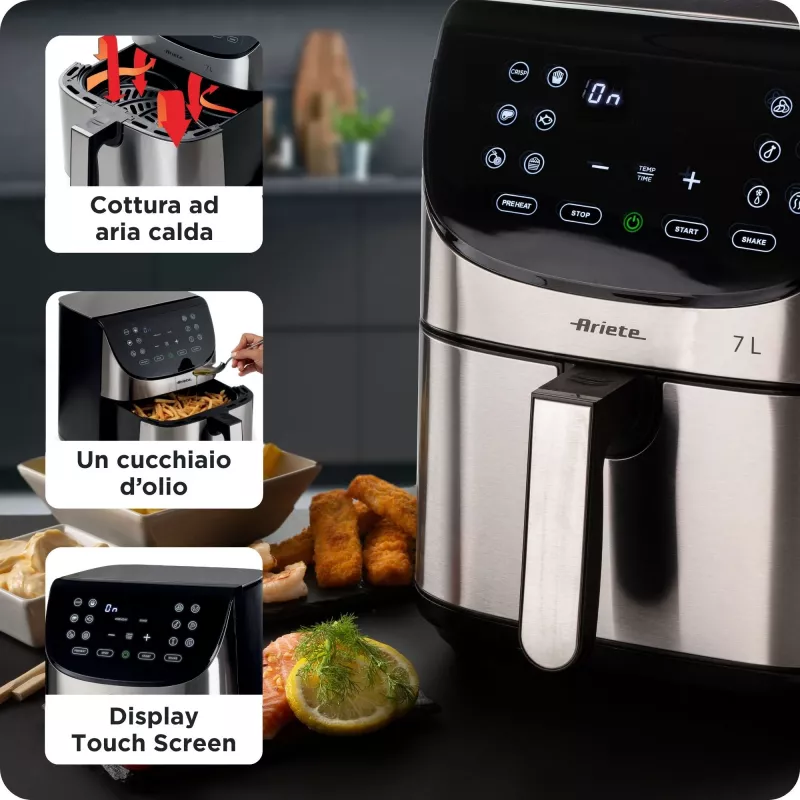 Ariete 4628 Airy Fryer Metal 7L oro gruzdintuvė, 1800 W, 7 L talpa, 2,8 kg kepimo talpa, 12 išankstinių programų, Max Crisp funkcija, temperatūra iki 200°, nelipnus krepšelis su grotelėmis, metalinis korpusas