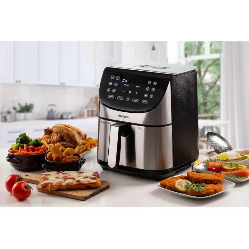 Ariete 4628 Airy Fryer Metal 7L oro gruzdintuvė, 1800 W, 7 L talpa, 2,8 kg kepimo talpa, 12 išankstinių programų, Max Crisp funkcija, temperatūra iki 200°, nelipnus krepšelis su grotelėmis, metalinis korpusas