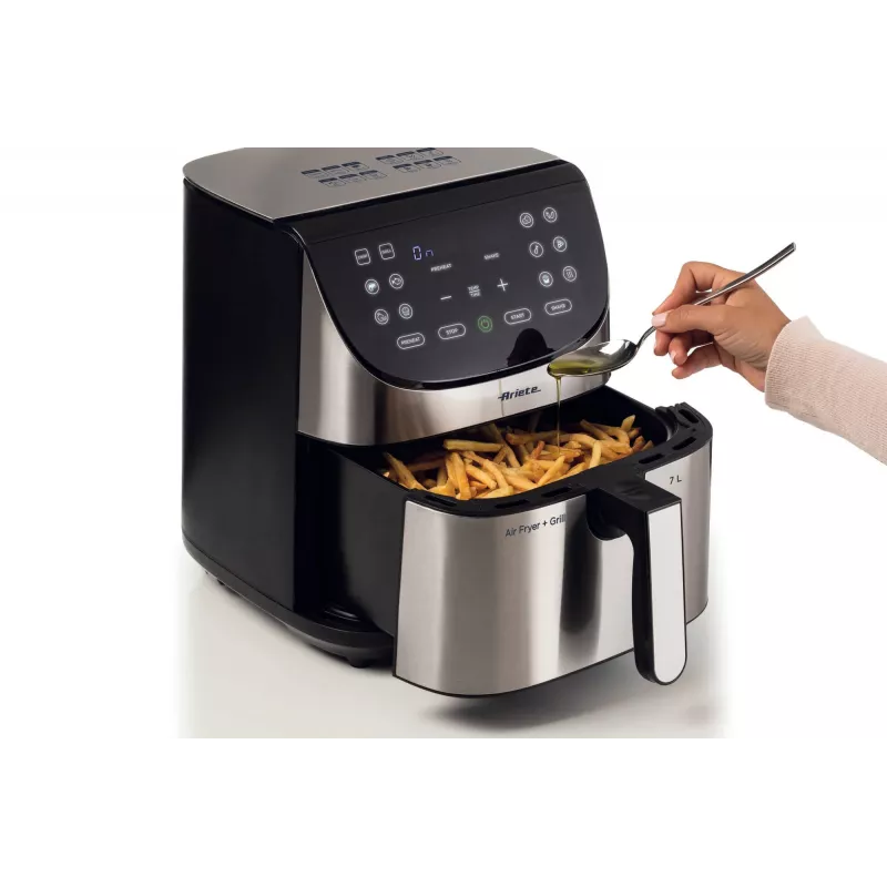 Ariete 4628 Airy Fryer Metal 7L oro gruzdintuvė, 1800 W, 7 L talpa, 2,8 kg kepimo talpa, 12 išankstinių programų, Max Crisp funkcija, temperatūra iki 200°, nelipnus krepšelis su grotelėmis, metalinis korpusas