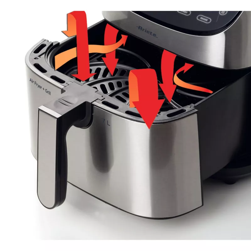 Ariete 4628 Airy Fryer Metal 7L oro gruzdintuvė, 1800 W, 7 L talpa, 2,8 kg kepimo talpa, 12 išankstinių programų, Max Crisp funkcija, temperatūra iki 200°, nelipnus krepšelis su grotelėmis, metalinis korpusas