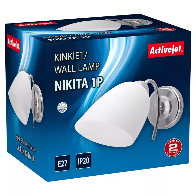 Sieninis šviestuvas ActiveJet NIKITA nikelio spalvos, apvalus metalinis gaubtas, E27, 1 šviesos šaltinis, IP20, 220–240 V, max 60 W