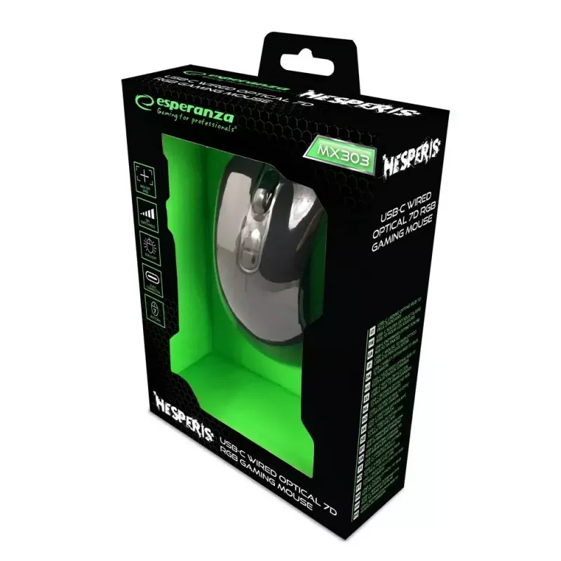 Žaidimų pelė ESPERANZA EGM303 USB Type-C, optinė 2400 DPI, 7 mygtukai, RGB, dešinei rankai, juoda