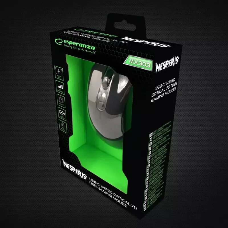 Žaidimų pelė ESPERANZA EGM303 USB Type-C, optinė 2400 DPI, 7 mygtukai, RGB, dešinei rankai, juoda