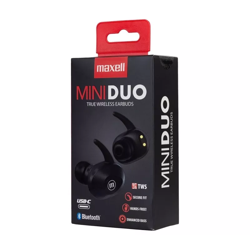 MAXELL MINI DUO belaidės ausinės su įkrovimo dėklu juodos