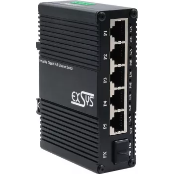 Switch Exsys EX-62030MPOE-SFP — Mini Gigabit 5+1 PoE+ tinklo valdymo jungiklis su 5 Gigabit ir 1 SFP prievadu