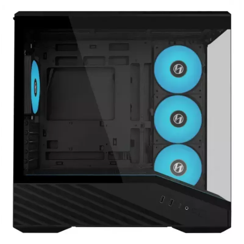 Mini bokštinis kompiuterio korpusas Lian Li Vector V100R MINI — Mini-ITX/Micro-ATX, grūdintas stiklas, 3x120mm šoniniai + 1x120mm galinis ventiliatoriai, 2x 2,5 colio + 1x 3,5 colio vietos, juodas