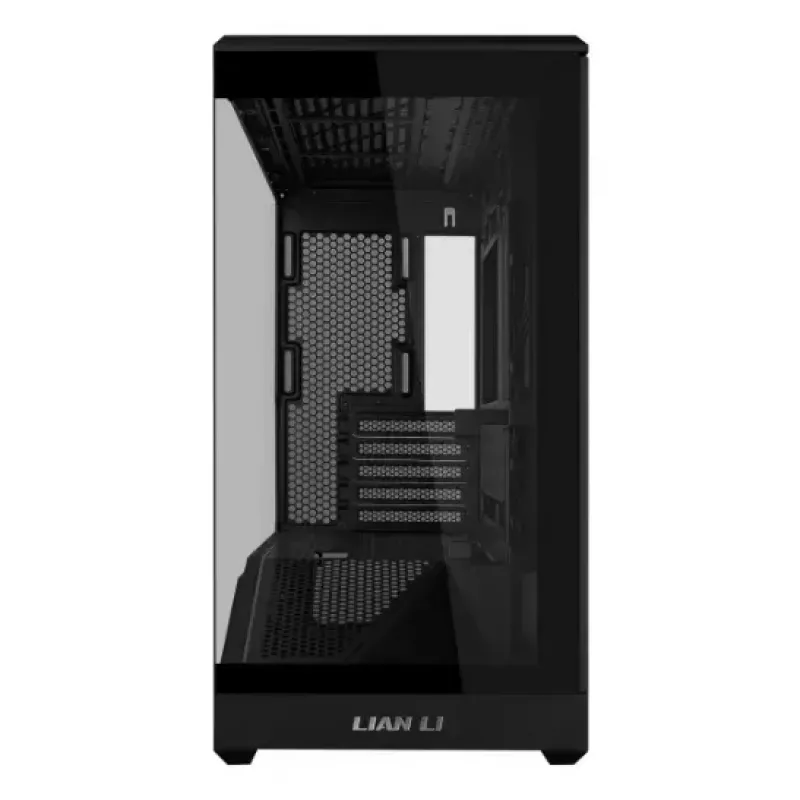 Mini bokštinis kompiuterio korpusas Lian Li Vector V100R MINI — Mini-ITX/Micro-ATX, grūdintas stiklas, 3x120mm šoniniai + 1x120mm galinis ventiliatoriai, 2x 2,5 colio + 1x 3,5 colio vietos, juodas