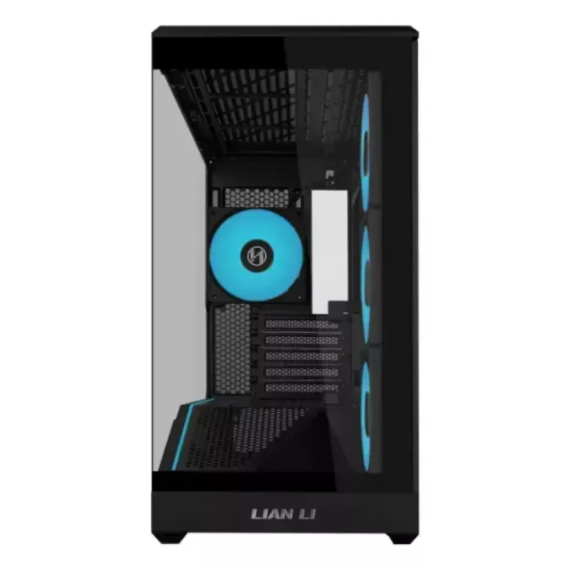 Mini bokštinis kompiuterio korpusas Lian Li Vector V100R MINI — Mini-ITX/Micro-ATX, grūdintas stiklas, 3x120mm šoniniai + 1x120mm galinis ventiliatoriai, 2x 2,5 colio + 1x 3,5 colio vietos, juodas