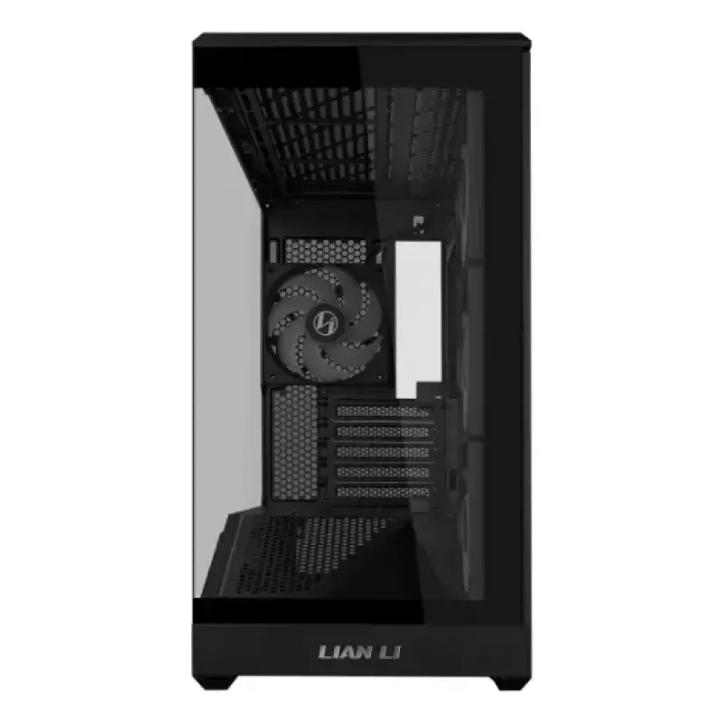 Mini bokštinis kompiuterio korpusas Lian Li Vector V100R MINI — Mini-ITX/Micro-ATX, grūdintas stiklas, 3x120mm šoniniai + 1x120mm galinis ventiliatoriai, 2x 2,5 colio + 1x 3,5 colio vietos, juodas