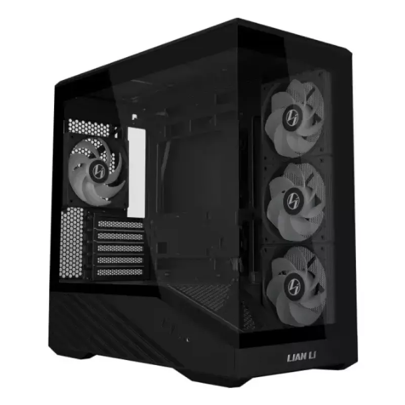 Mini bokštinis kompiuterio korpusas Lian Li Vector V100R MINI — Mini-ITX/Micro-ATX, grūdintas stiklas, 3x120mm šoniniai + 1x120mm galinis ventiliatoriai, 2x 2,5 colio + 1x 3,5 colio vietos, juodas