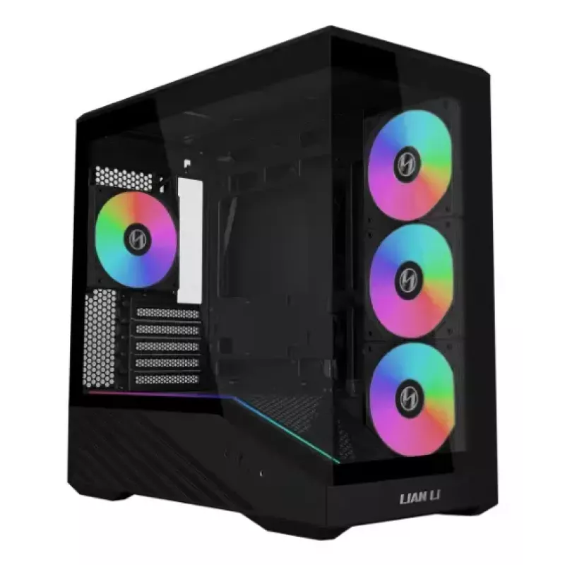 Mini bokštinis kompiuterio korpusas Lian Li Vector V100R MINI — Mini-ITX/Micro-ATX, grūdintas stiklas, 3x120mm šoniniai + 1x120mm galinis ventiliatoriai, 2x 2,5 colio + 1x 3,5 colio vietos, juodas