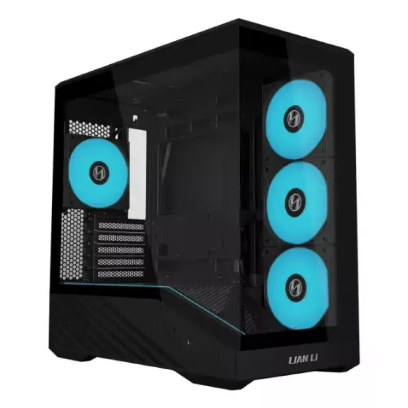 Mini bokštinis kompiuterio korpusas Lian Li Vector V100R MINI — Mini-ITX/Micro-ATX, grūdintas stiklas, 3x120mm šoniniai + 1x120mm galinis ventiliatoriai, 2x 2,5 colio + 1x 3,5 colio vietos, juodas