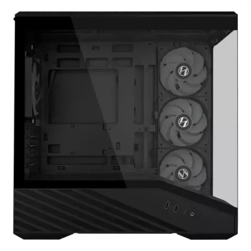 Mini bokštinis kompiuterio korpusas Lian Li Vector V100R MINI — Mini-ITX/Micro-ATX, grūdintas stiklas, 3x120mm šoniniai + 1x120mm galinis ventiliatoriai, 2x 2,5 colio + 1x 3,5 colio vietos, juodas