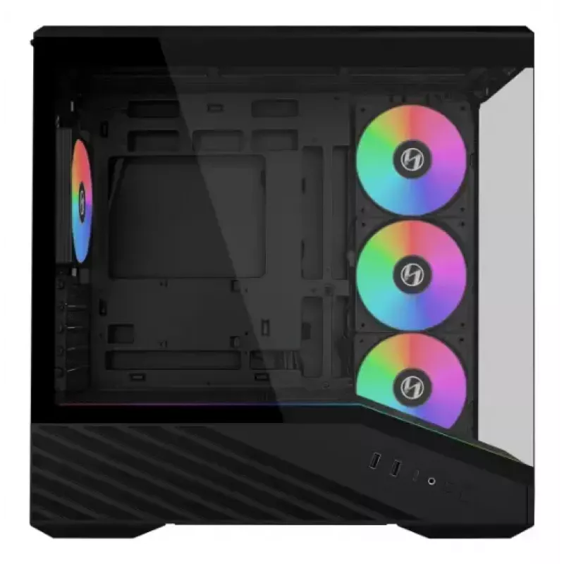 Mini bokštinis kompiuterio korpusas Lian Li Vector V100R MINI — Mini-ITX/Micro-ATX, grūdintas stiklas, 3x120mm šoniniai + 1x120mm galinis ventiliatoriai, 2x 2,5 colio + 1x 3,5 colio vietos, juodas