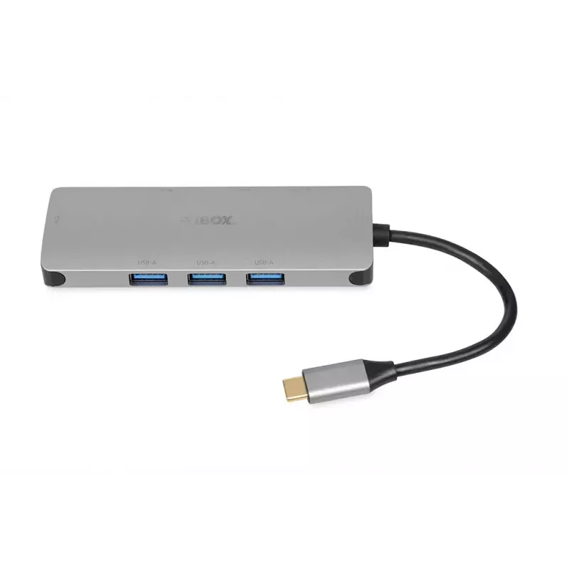 USB C hubas IBOX IUH3RJ4K, 3x USB-A 3.2 Gen1, USB-C 3.2 Gen2, RJ-45, HDMI 4K, sidabrinis