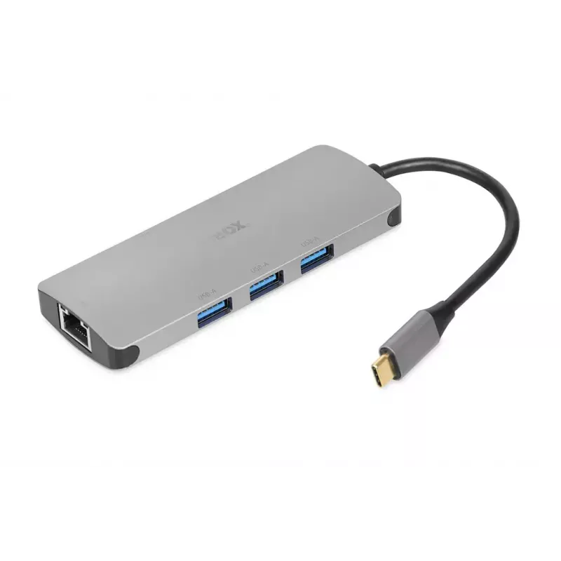 USB C hubas IBOX IUH3RJ4K, 3x USB-A 3.2 Gen1, USB-C 3.2 Gen2, RJ-45, HDMI 4K, sidabrinis