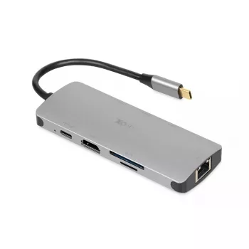 USB C hubas IBOX IUH3RJ4K, 3x USB-A 3.2 Gen1, USB-C 3.2 Gen2, RJ-45, HDMI 4K, sidabrinis