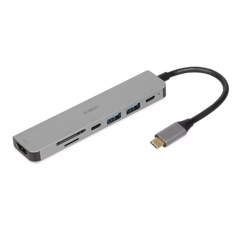 Dokavimo stotelė iBox IUH3SL4K USB Type-C 5 Gbit/s, HDMI 4K@30Hz, PD iki 100W, 2x USB-A, 2x USB-C, kortelių skaitytuvas, sidabrinė