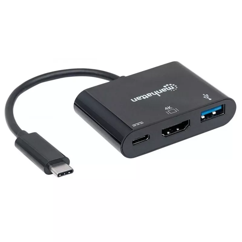 Manhattan USB-C Dock / Hub, 3 prievadai: HDMI, USB-A ir USB-C, 5 Gbps (USB 3.2 Gen1 / USB 3.0), su Power Delivery (60 W) USB-C prievadui