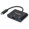 Manhattan USB-C Dock / Hub, 3 prievadai: HDMI, USB-A ir USB-C, 5 Gbps (USB 3.2 Gen1 / USB 3.0), su Power Delivery (60 W) USB-C prievadui
