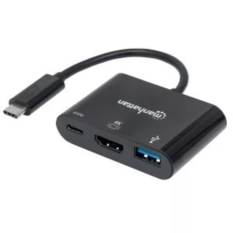 Manhattan USB-C Dock / Hub, 3 prievadai: HDMI, USB-A ir USB-C, 5 Gbps (USB 3.2 Gen1 / USB 3.0), su Power Delivery (60 W) USB-C prievadui