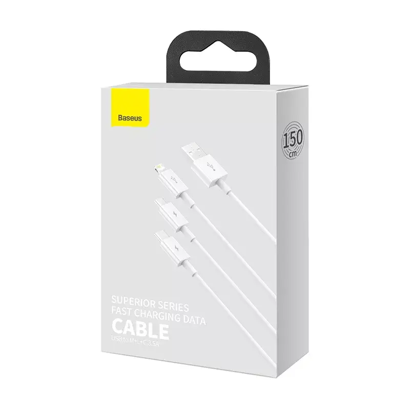 USB laidas Baseus Superior USB 2.0 1,5 m USB A / USB-C / Micro USB / Lightning baltas