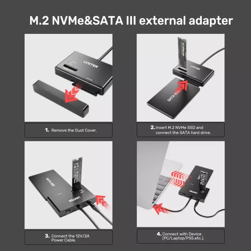 SSD dėklas UNITEK S1232A01-EU Juodas M.2/2.5 colio/3.5 colio 10 Gbit/s