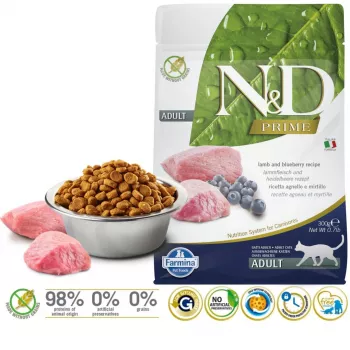 FARMINA N&D Prime Cat Ėriena ir Mėlynės suaugusioms katėms - sausas ėdalas - 300 g