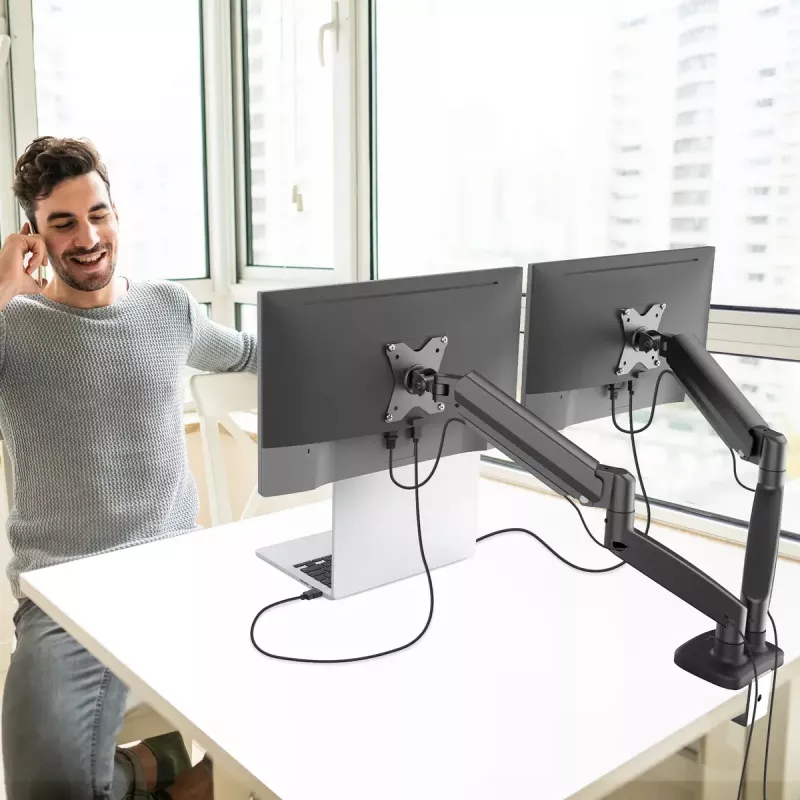 j5create JTSA102 ergonomiškas dviejų monitorių laikiklis, juodas, spaustuvas/įvorė, 16 kg