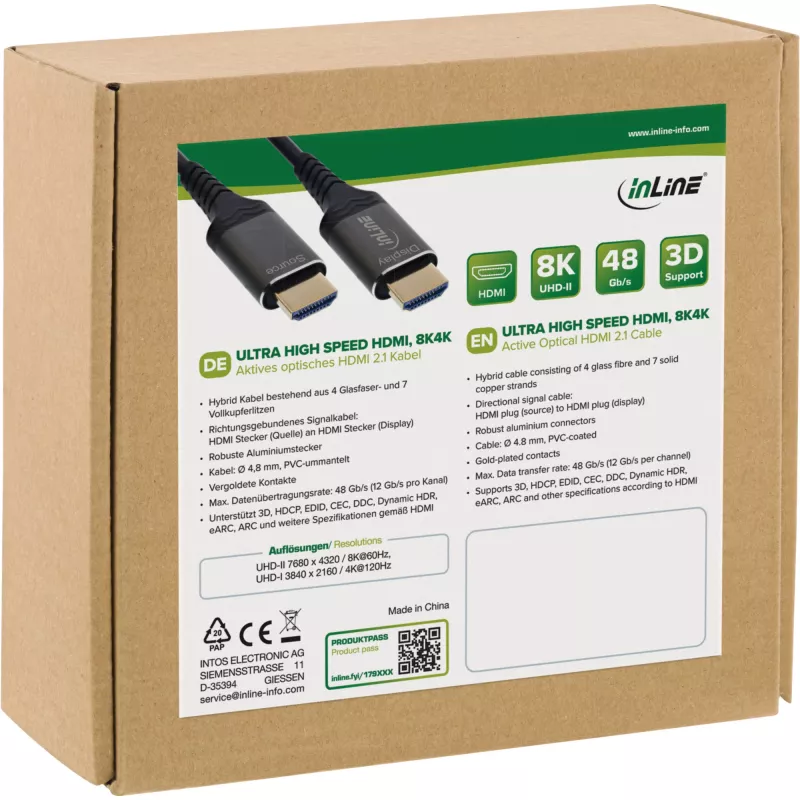 InLine HDMI AOC laidas 17915X Ultra High Speed 8K, aktyvus optinis, 15 m